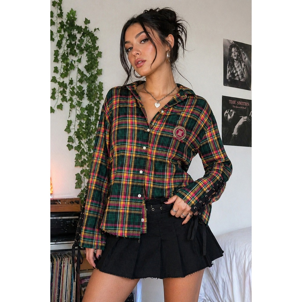 Savage X Fenty Lace Up Flannel Top Womens Small Plaid Grunge Y2K Streetwear